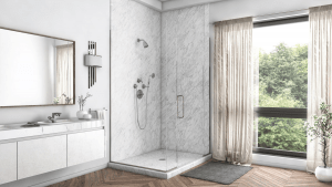 View of bathroom with wood flooring, large window, and modern walk-in shower,